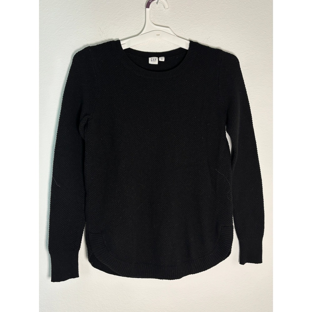Gap Womens‎ XS Black Textured Crewneck Sweater Curved Hem Long Sleeve Pullover